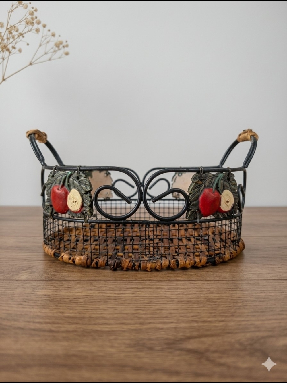 Vintage Farmhouse Wire & Wicker Fruit Basket with Apple Detail